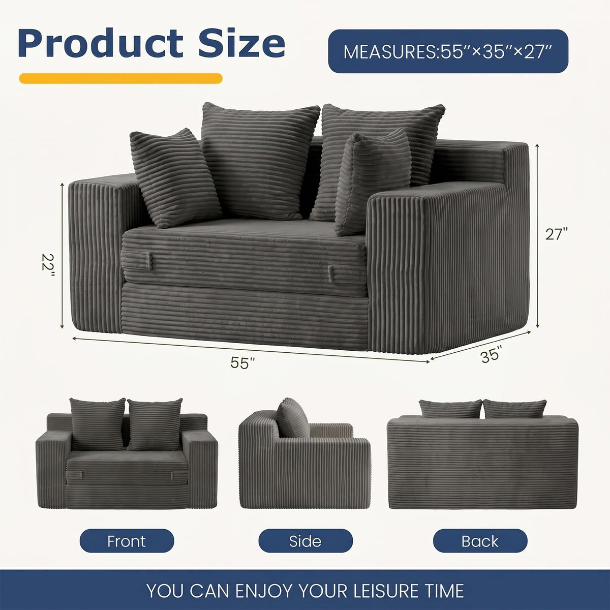 cidludto Convertible Sofa Bed, 3 in 1 Loveseat Folding Couch Bed Foldable - Chaise Lounge Chair & Floor Futon Sofa, Corduroy Pull Out Sofa Bed with 4 Pillows for Living Room, Beige