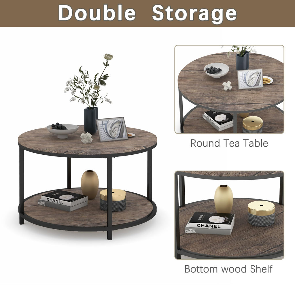NSdirect Round Coffee Table,36" Coffee Table for Living Room,2-Tier Rustic Wood Desktop with Storage Shelf Modern Design Home Furniture(Light Walnut)