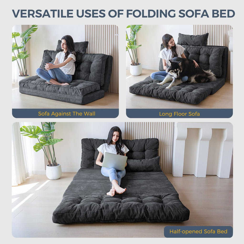 MAXYOYO Folding Sofa Bed, Extra Thick and Long Floor Sofa Convertible Chair with Washable Cover, Floor Couch Lounge Bean Bag Bed for Living Room, Dark Grey, 54x91 Inch