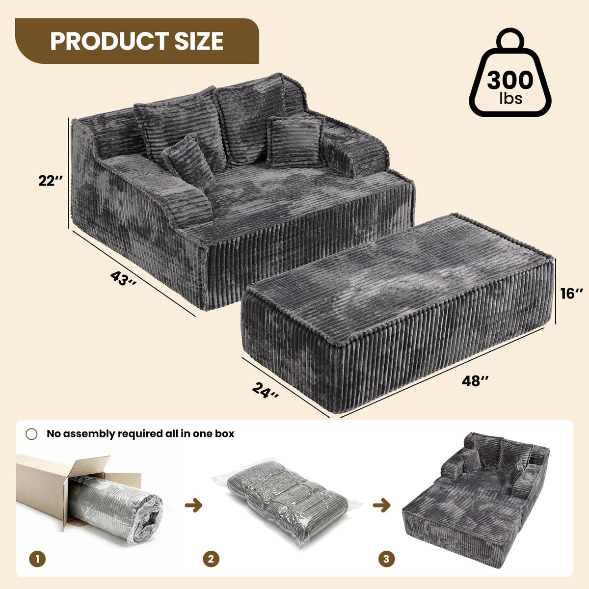 Chaise Lounge Chair Indoor,Boneless Chair with Ottoman,Comfy Reading Chair for Adults,Small Sofa Bed Couch for Living Room,Single Sleeper Chair Bed,Beige