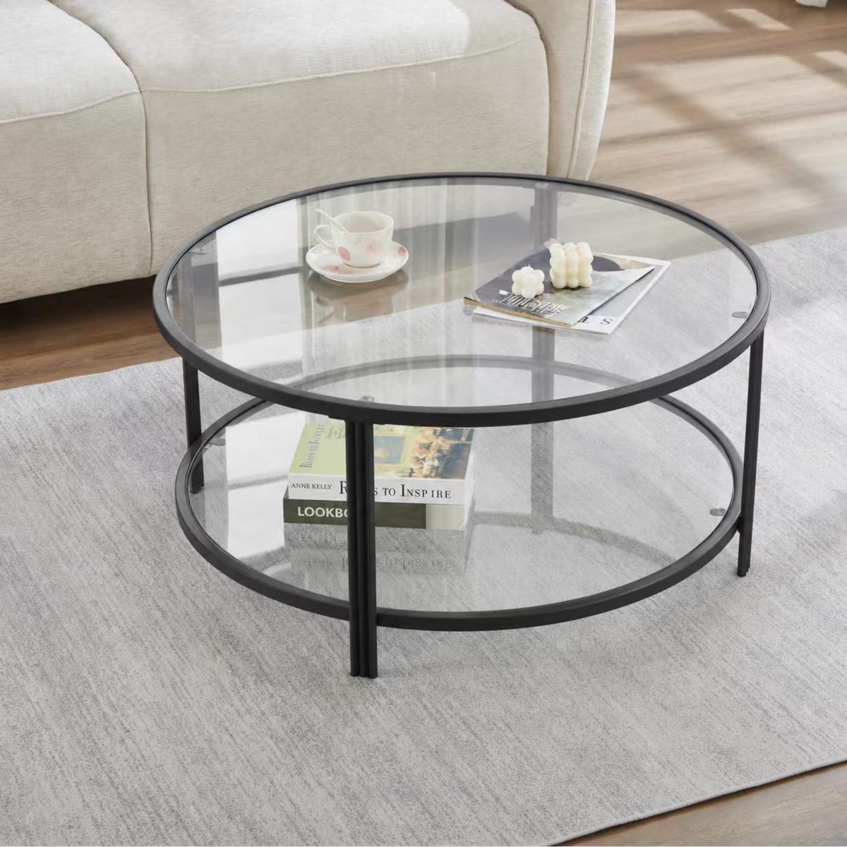 36" Round Glass Coffee Table,Gold Circle Coffee Table with Storage