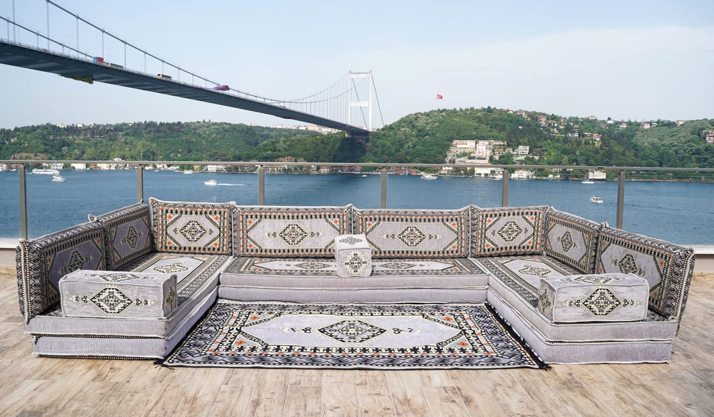 Gray L Shaped Pallet Cushions, Arabic Floor Sofa Set, Oriental Floor Seating, Sectional Floor Cushion, Indoor Floor Pillows, Arabic Majlis Set, Sofa Bed (U Sofa + Rug + Ottoman, 8'' Thickness (20 cm))