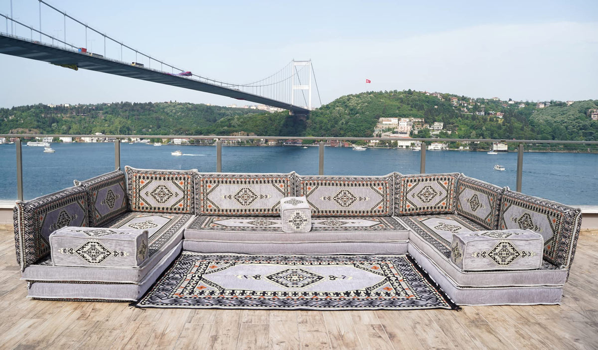 Gray L Shaped Pallet Cushions, Arabic Floor Sofa Set, Oriental Floor Seating, Sectional Floor Cushion, Indoor Floor Pillows, Arabic Majlis Set, Sofa Bed (U Sofa + Rug + Ottoman, 8'' Thickness (20 cm))