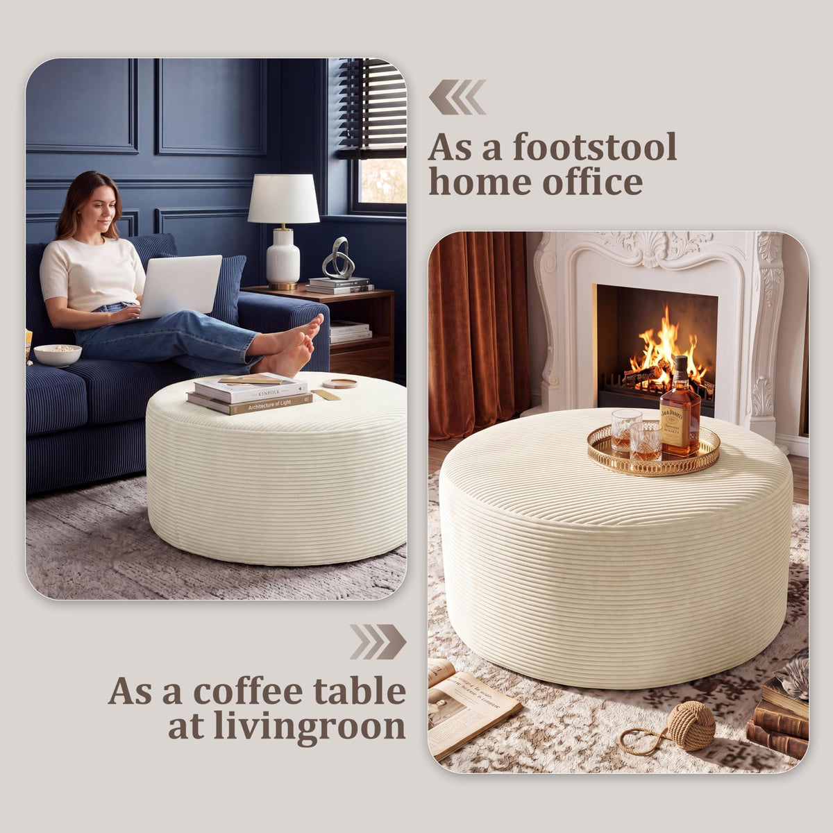BSHOMGI Nesting Coffee Table Set of 2,Corduroy Ottoman Soft Foot Rest Movable LargePouf Footstool for Living Room Sofa Couch Bedroom Entryway and Small Spaces No Assembly (Blue, 32"+17")