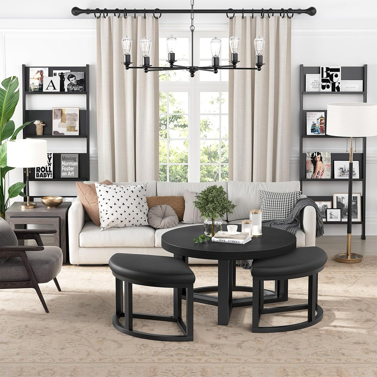 Round Coffee Table with Stools Underneath - 30 Inch Small Modern Tables Set with 3 Chairs Ottomans Seating Seats Black Wood
