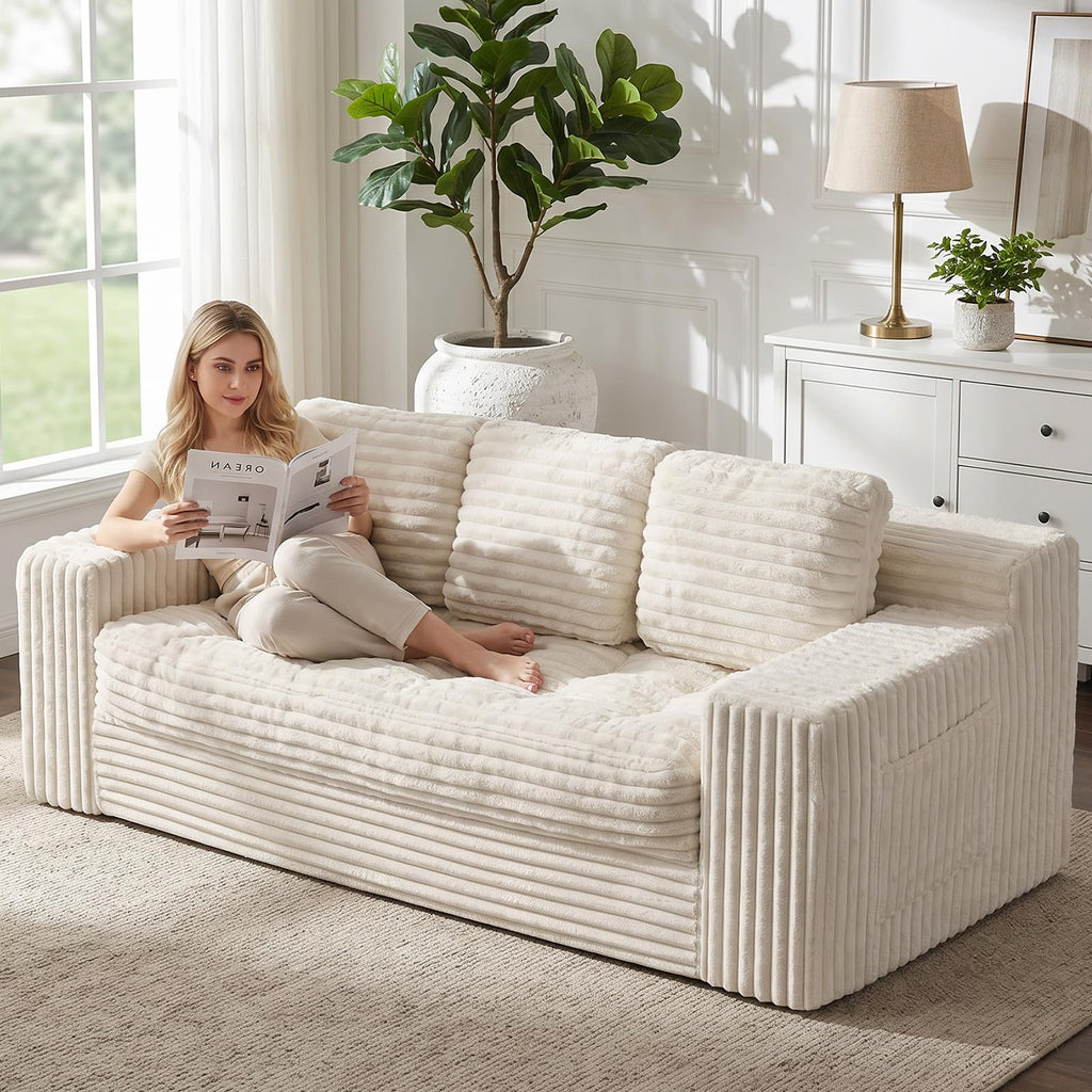 Boneless Couch, Cloud Loveseat Sofa Corduroy Couch in a Box, Upholstered Boneless 3 Seater Couch for Living Room Bedroom Office Apartment