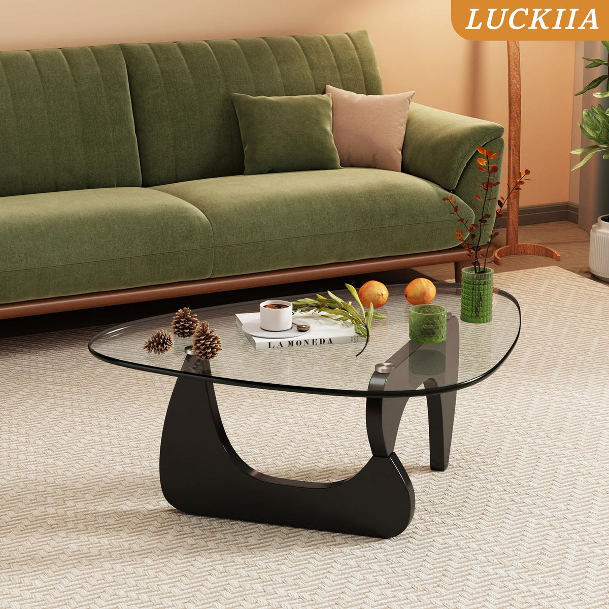 Coffee Tables Glass Small Farmhouse Coffee Table Mid-Century Modern Wood Center Table for Living Room, Walnut Transparent, 32 Inch