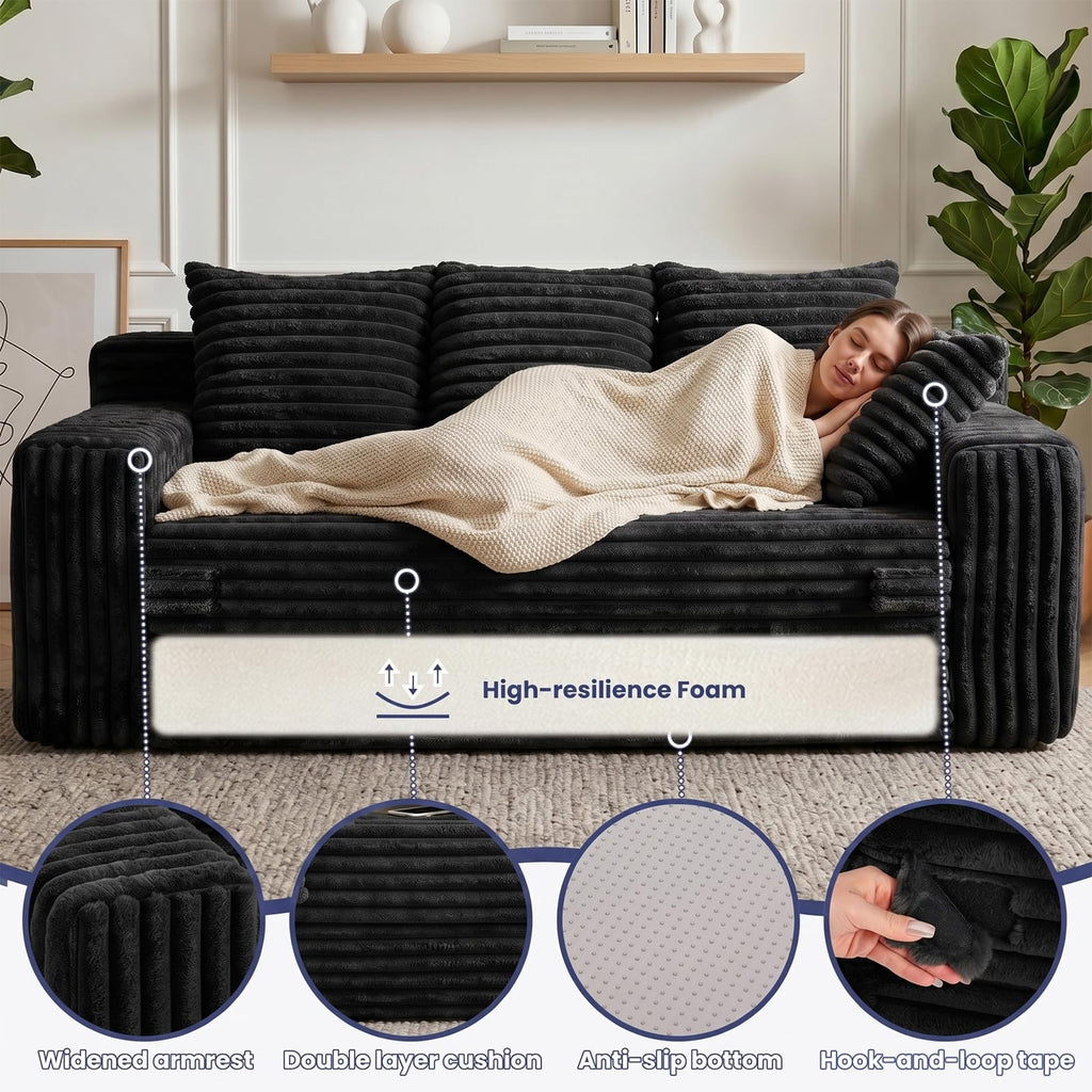 3-in-1 Convertible Sofa Bed: Boneless Loveseat Sleeper & Folding Couch Bed with 4 Pillows & Detachable Cushion, Furry Futon Couch for Bedroom, Apartment, Office and Living Room, No Assembly, Orange