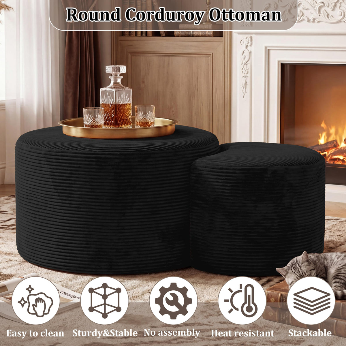 BSHOMGI Nesting Coffee Table Set of 2,Corduroy Ottoman Soft Foot Rest Movable LargePouf Footstool for Living Room Sofa Couch Bedroom Entryway and Small Spaces No Assembly (Blue, 32"+17")