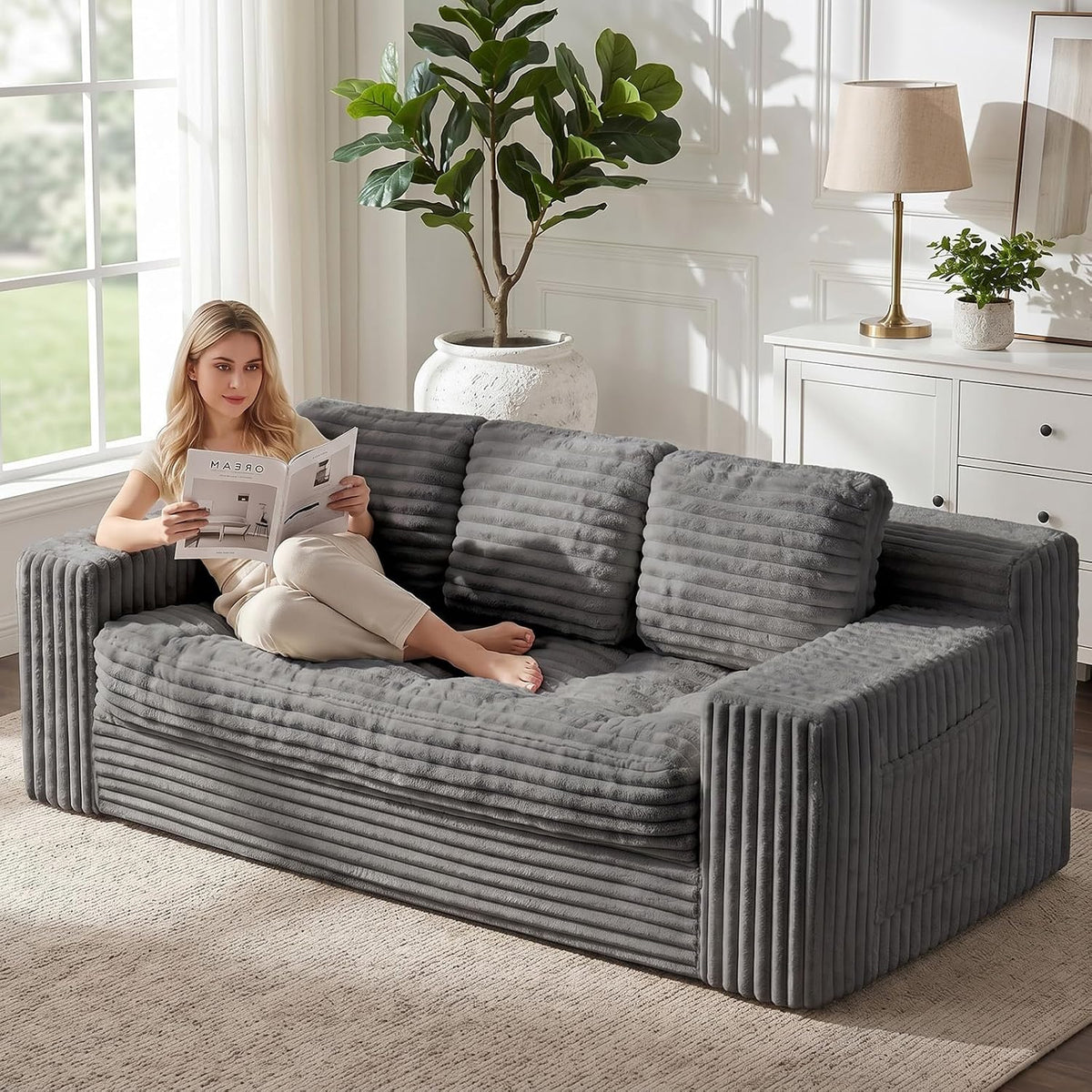 Boneless Couch, Cloud Loveseat Sofa Corduroy Couch in a Box, Upholstered Boneless 3 Seater Couch for Living Room Bedroom Office Apartment