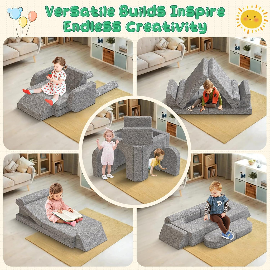 Modular Kids Play Couch with Washable Covers â Foam Toddler Sofa for Creative Play, Climbing, and Lounging â Convertible Kid Sofa Play Furniture for Kids Room or Nursery (Grey)