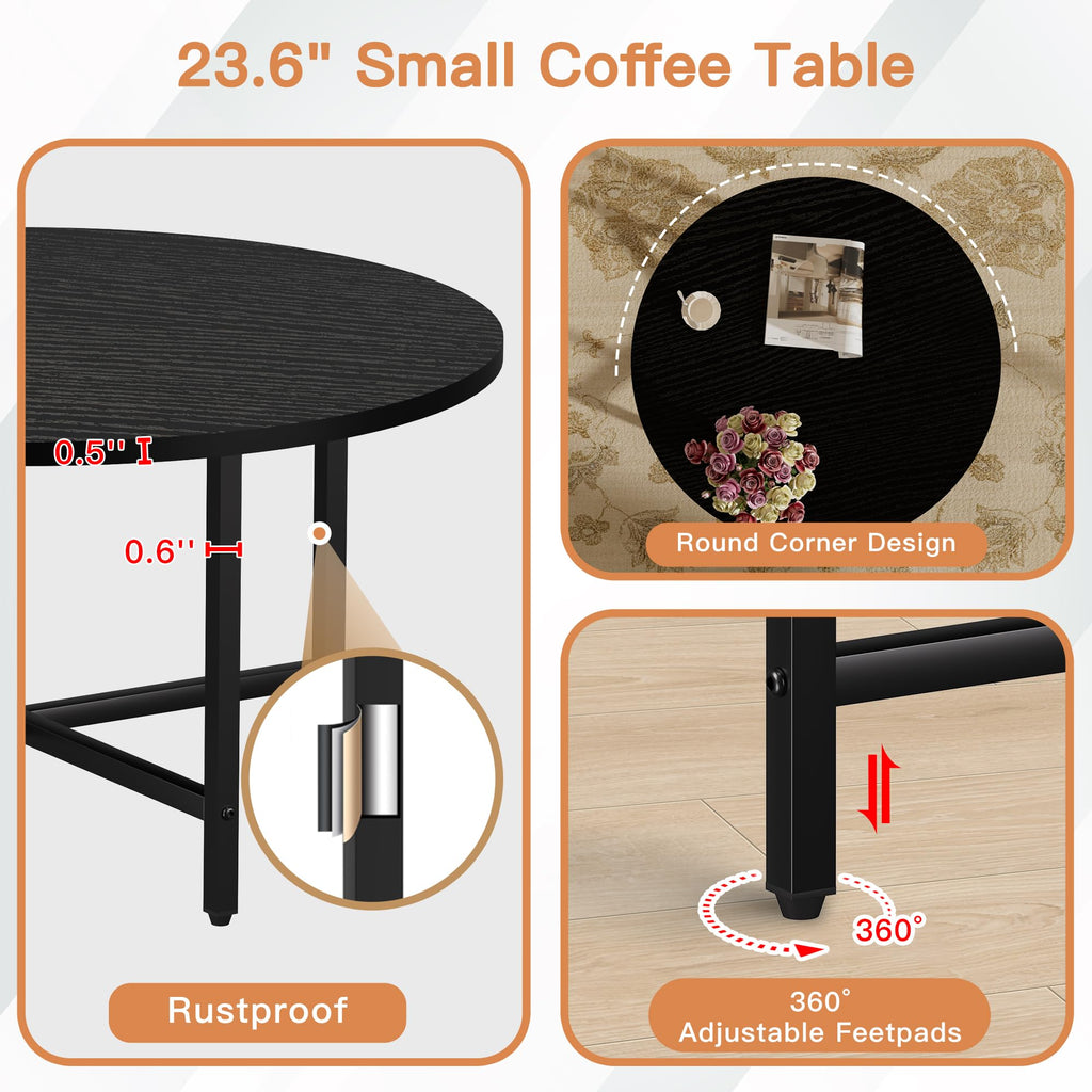 Coffee Tables for Living Room, 27.6" Round Coffee Table, Black Coffee Table