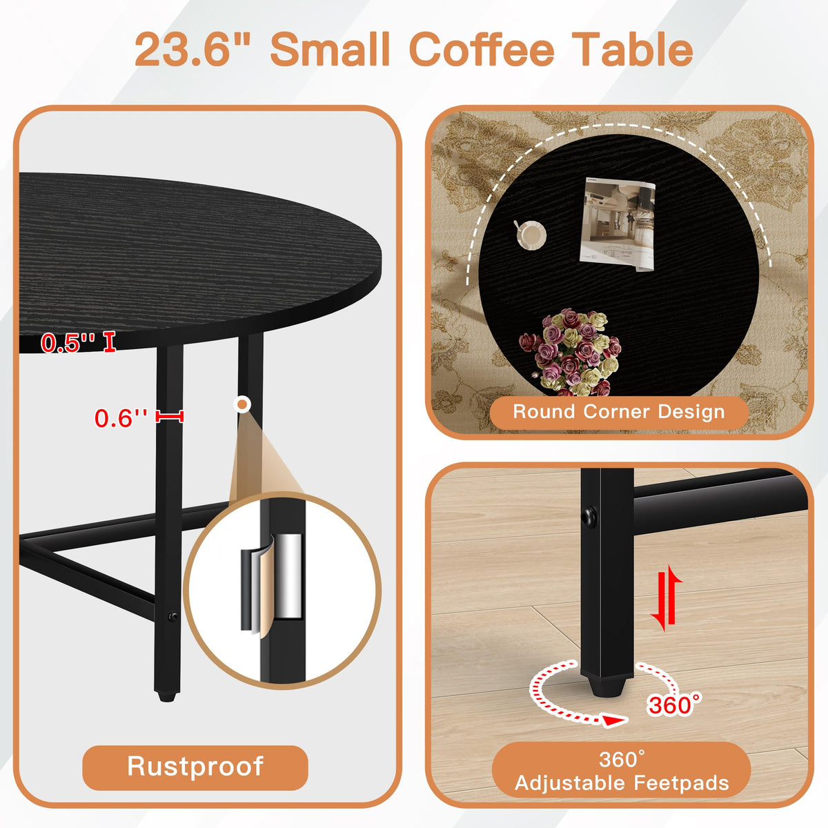 Coffee Tables for Living Room, 27.6" Round Coffee Table, Black Coffee Table