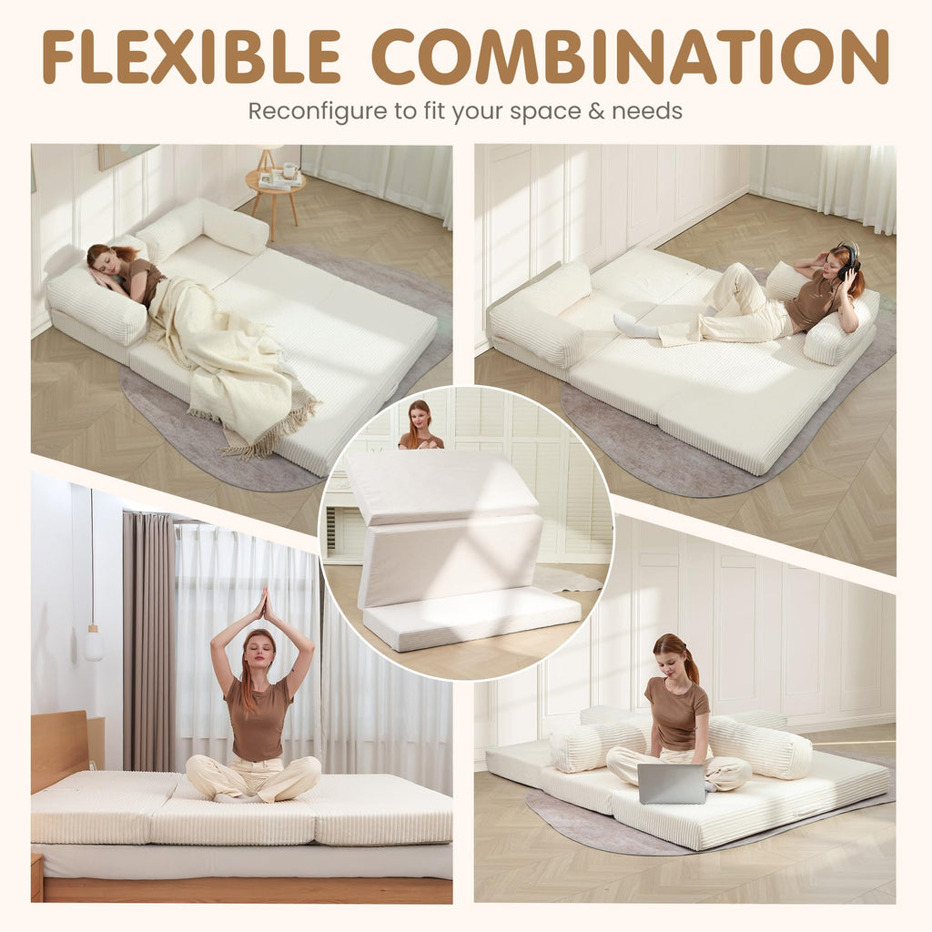 Convertible Sofa Bed Queen,5-in-1 Boneless Couch with Removable Armrests & Handle,Corduroy Futon Sleeper Sofa,Floor Folding Mattress Pull Out Bed for Small Space Apartment Living Room Bedroom,Green