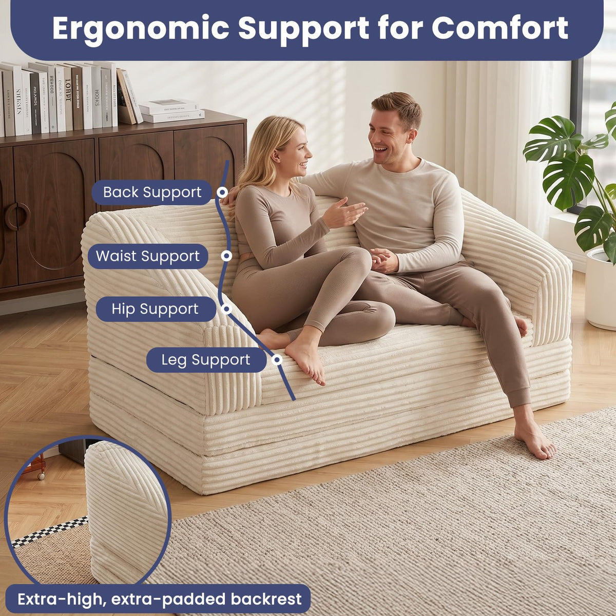 JUIKURY Convertible Sofa Bed, 3-in-1 Foldable Loveseat Couch with Armrest, Corduroy Floor Sofa & Sleeper Bed, No Assembly High-Density Foam Futon Mattress for Living Room, Small Apartment, Dorm