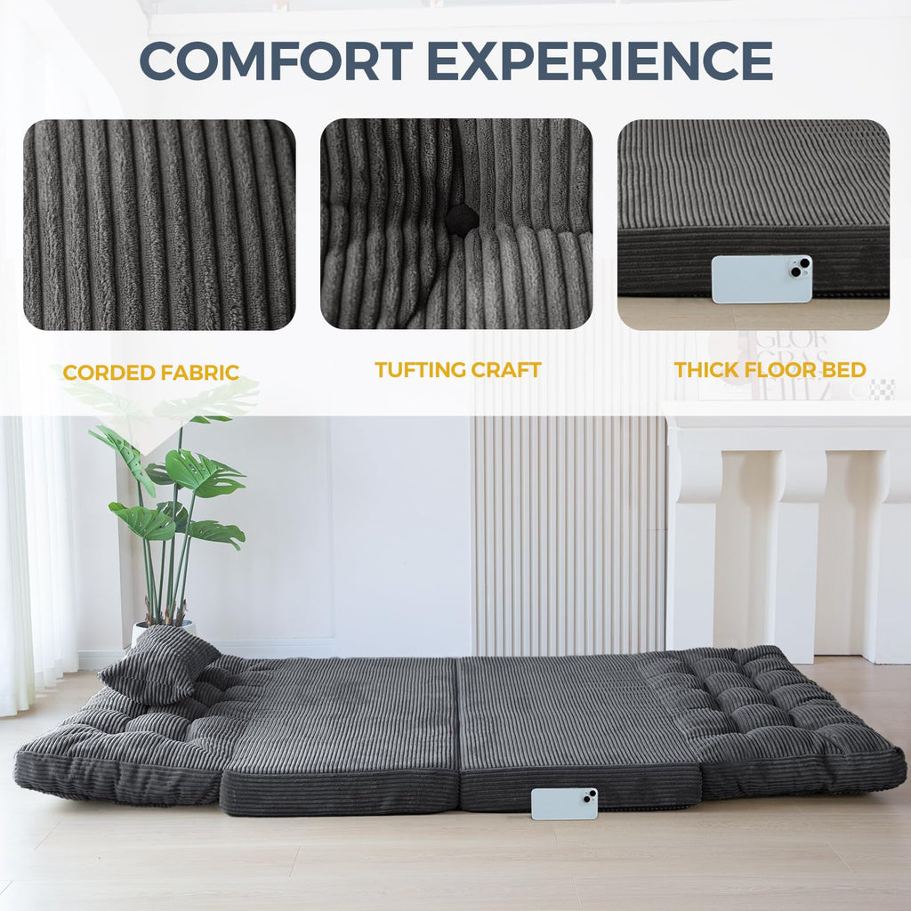 MAXYOYO Folding Sofa Bed, Extra Thick and Long Floor Sofa Convertible Chair with Washable Cover, Floor Couch Lounge Bean Bag Bed for Living Room, Dark Grey, 54x91 Inch