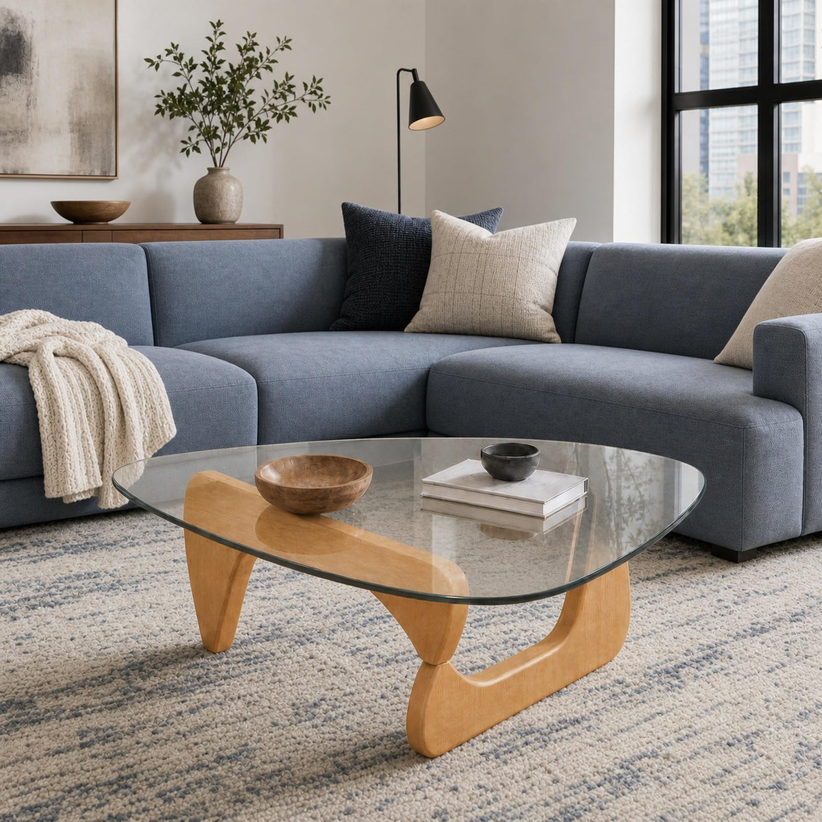EASYSOUL Modern Glass Coffee Table, 32.68" D x 22.44" W x 15.75" H, Abstract Round Tea Tables for Living Room Home Office Industrial Cocktail Tables (Walnut-Brown Glass, 32.68")