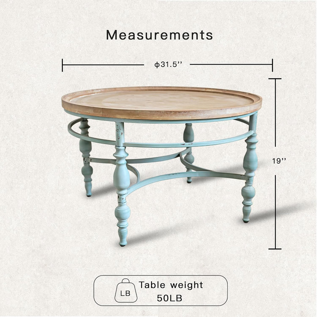 Rustic Farmhouse Round Coffee Table, French Country Vintage Center Table,Ï31.5'' x18.9''H Rustic Solid Wood with Vintage Iron Legs, for Living Room, Bedroom,Dinning Room,Nature White
