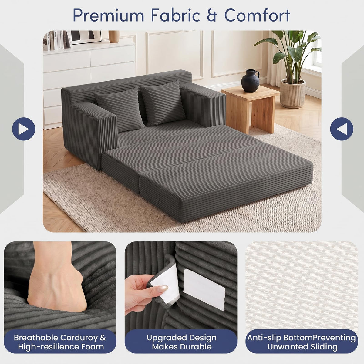 cidludto Convertible Sofa Bed, 3 in 1 Loveseat Folding Couch Bed Foldable - Chaise Lounge Chair & Floor Futon Sofa, Corduroy Pull Out Sofa Bed with 4 Pillows for Living Room, Beige