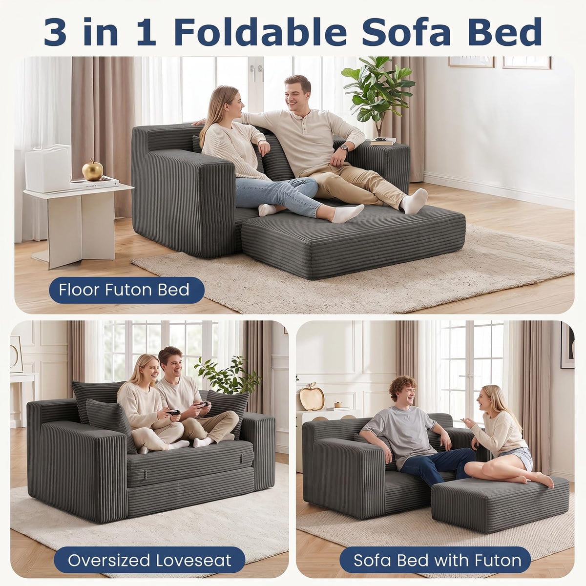 cidludto Convertible Sofa Bed, 3 in 1 Loveseat Folding Couch Bed Foldable - Chaise Lounge Chair & Floor Futon Sofa, Corduroy Pull Out Sofa Bed with 4 Pillows for Living Room, Beige