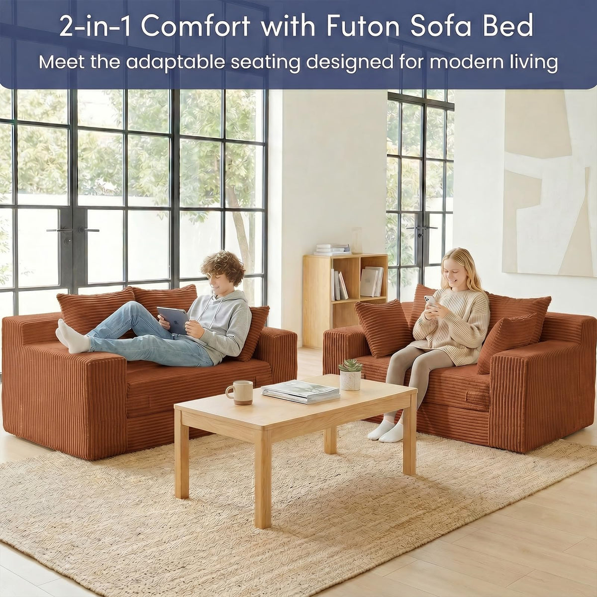 cidludto Convertible Sofa Bed, 3 in 1 Loveseat Folding Couch Bed Foldable - Chaise Lounge Chair & Floor Futon Sofa, Corduroy Pull Out Sofa Bed with 4 Pillows for Living Room, Beige