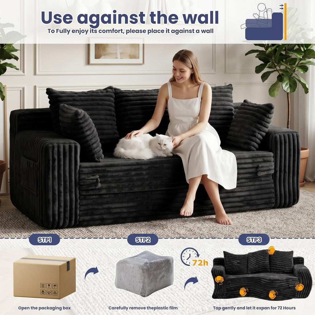 3-in-1 Convertible Sofa Bed: Boneless Loveseat Sleeper & Folding Couch Bed with 4 Pillows & Detachable Cushion, Furry Futon Couch for Bedroom, Apartment, Office and Living Room, No Assembly, Orange
