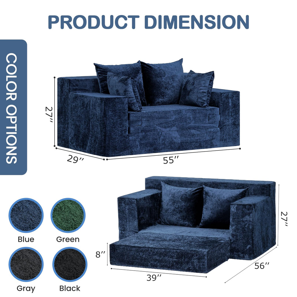 55" Small Boneless Couch, 3-in-1 Boneless Loveseat Sleeper Sofa Bed Convertible Sofa Bed with 4 Pillows, Black Corduroy Boneless Couch for Living Room, Guest Room, Small Space, No Assembly Required