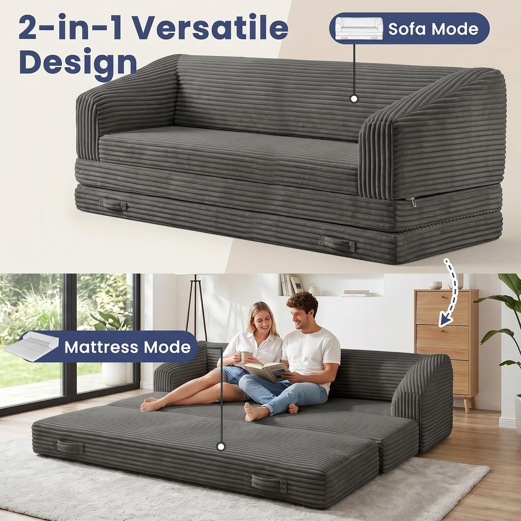 Convertible Folding Sofa Bed, 2-in-1 Single Boneless Sofa with Soft Corduroy & Ultra-Thick Backrest, Foldable Boneless Chair Lounger Sleeper Sofa for Small Apartment, Living Room, Home Office