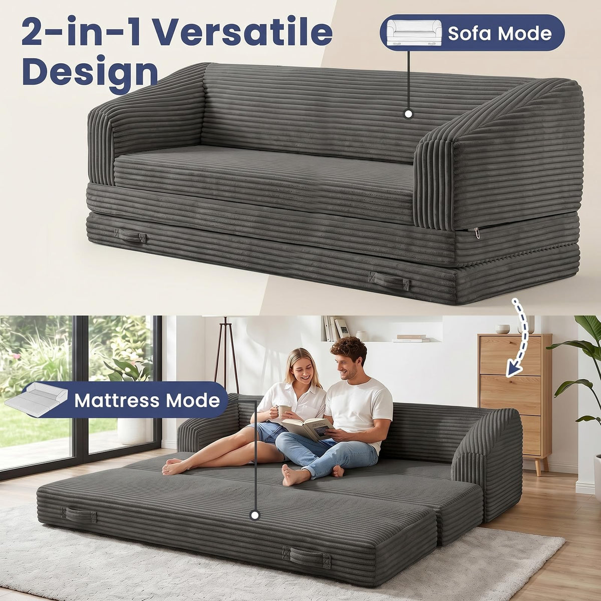 Convertible Folding Sofa Bed, 2-in-1 Single Boneless Sofa with Soft Corduroy & Ultra-Thick Backrest, Foldable Boneless Chair Lounger Sleeper Sofa for Small Apartment, Living Room, Home Office