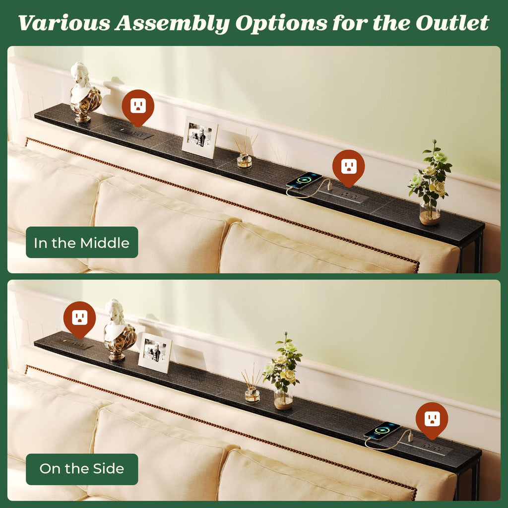 SUPERJARE 110.2 inch Narrow Behind Couch Table with Charging Stations