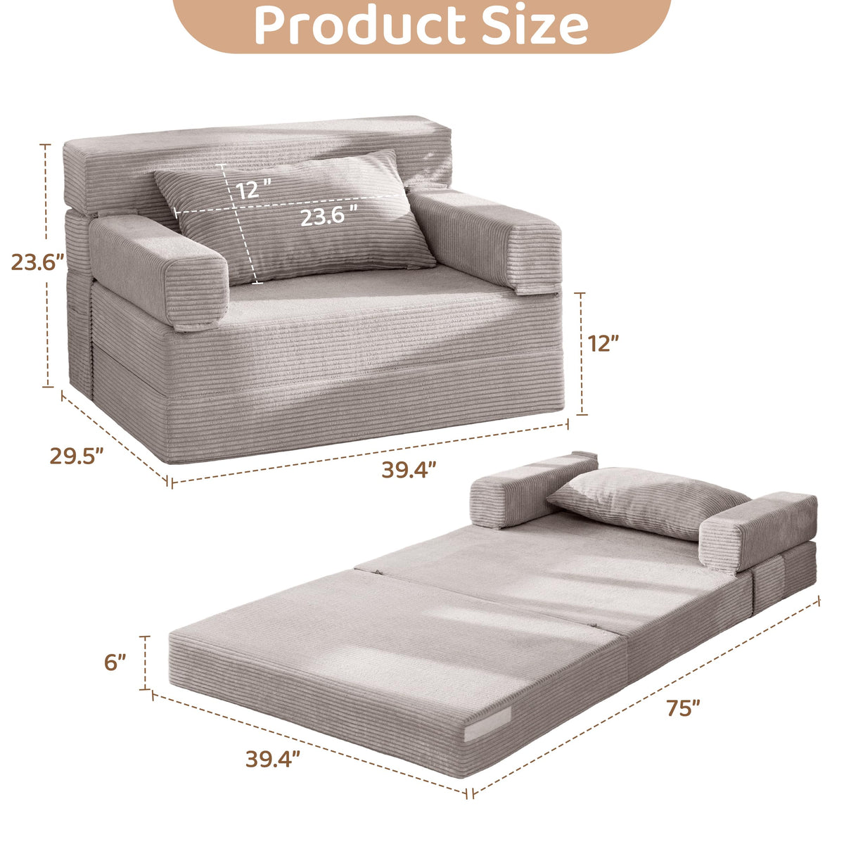 BYBYME Convertible Sofa Bed, 6â Thick 3-Folding Floor Sofa, 53â Loveseat