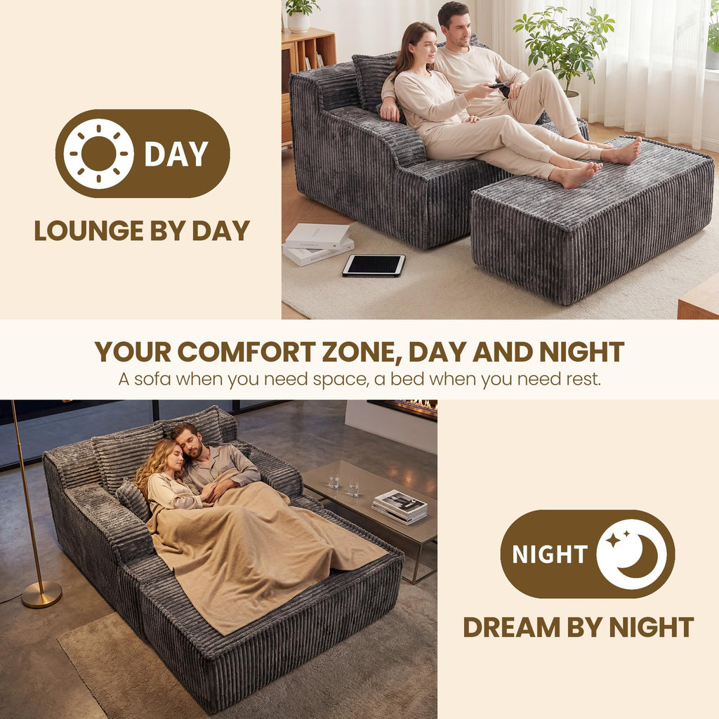 Chaise Lounge Chair Indoor,Boneless Chair with Ottoman,Comfy Reading Chair for Adults,Small Sofa Bed Couch for Living Room,Single Sleeper Chair Bed,Beige