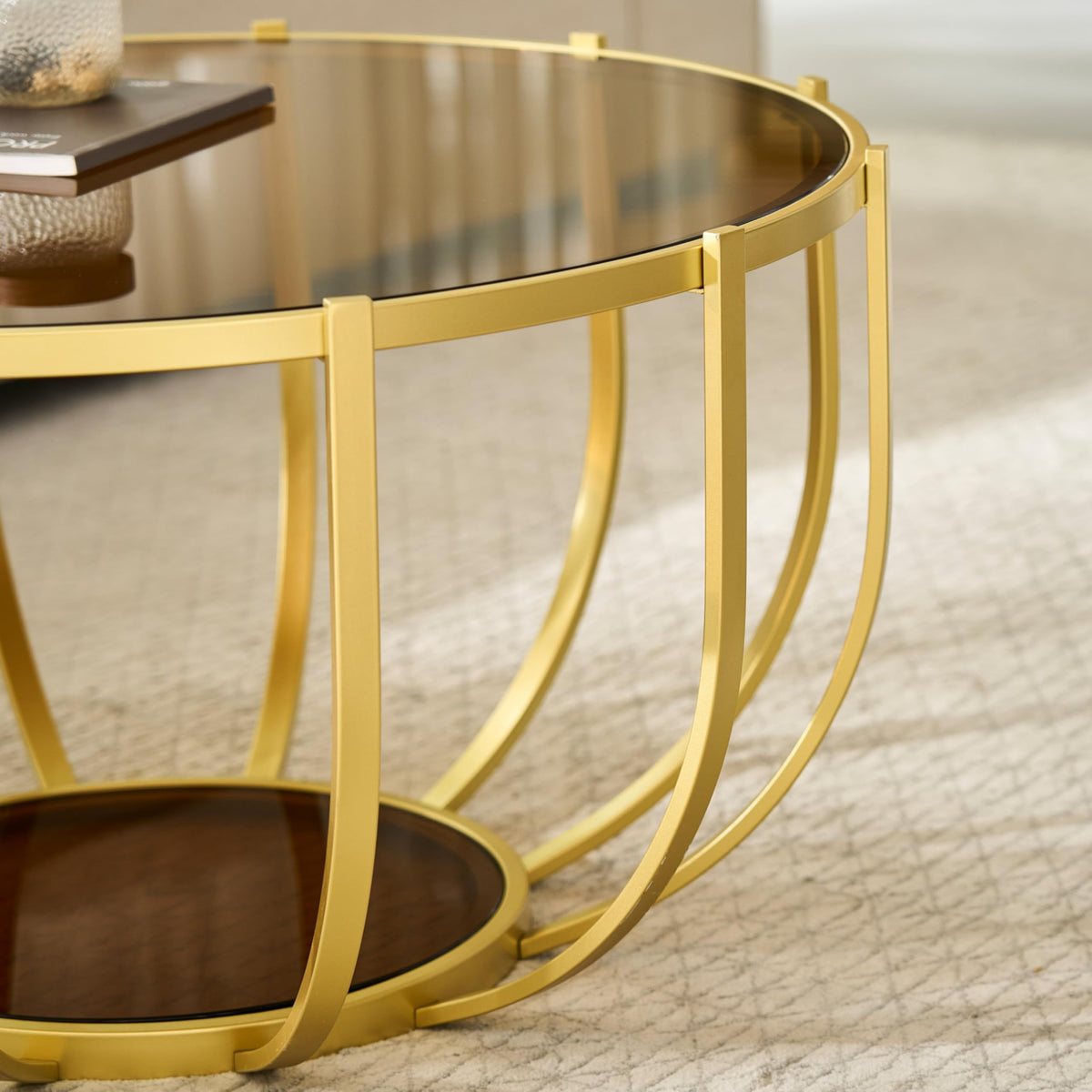 Saint Mossi Gold Round Coffee Table with Clear Glass Top and Glass Shelf