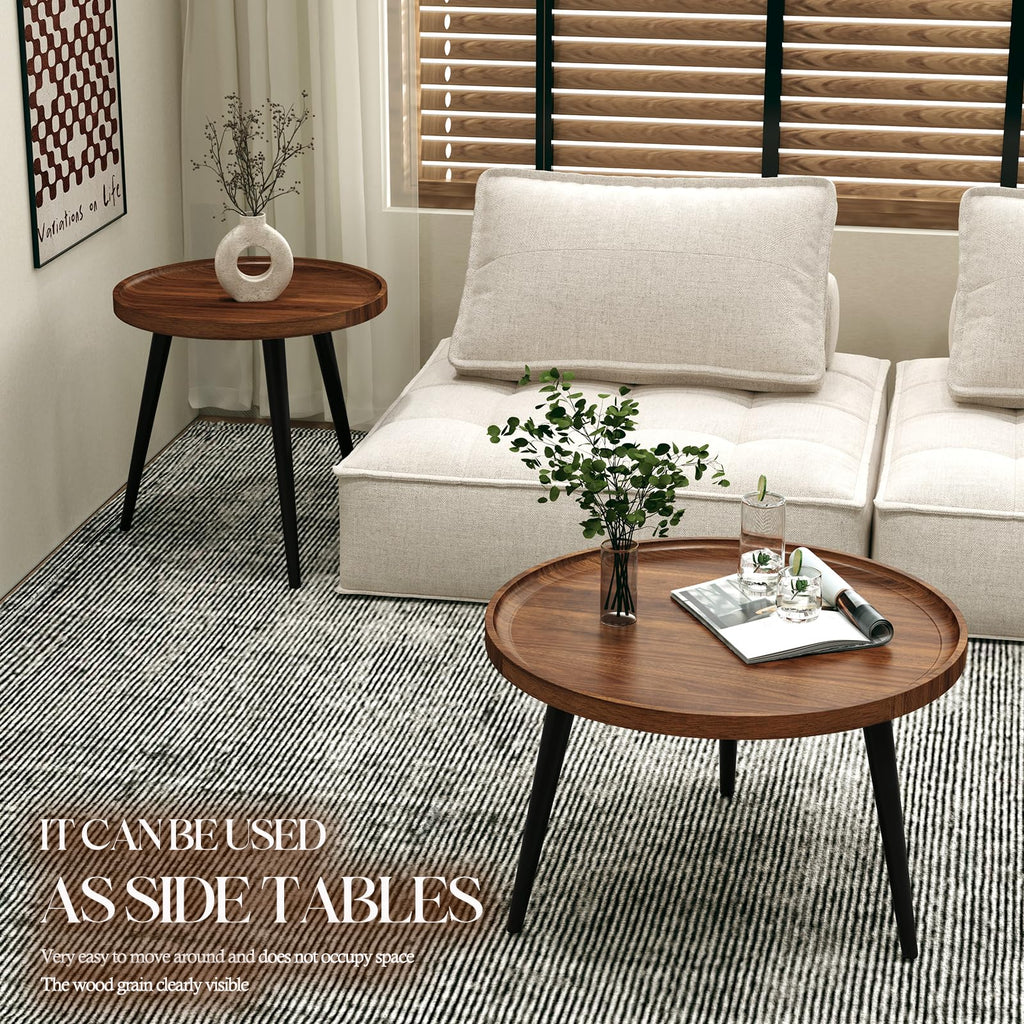 2 Pcs Small Oval Coffee Table,31.5" Retro Walnut Coffee Tables Nesting Tables Set,Easy Assembly Mid Century Modern Coffee Tables for Living Room Office,Coffee Table and End Table Sets