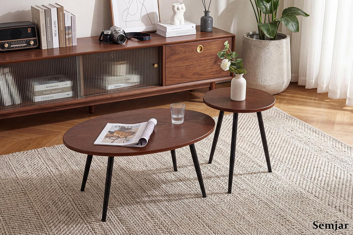 2 Pcs Small Oval Coffee Table,31.5" Retro Walnut Coffee Tables Nesting Tables Set,Easy Assembly Mid Century Modern Coffee Tables for Living Room Office,Coffee Table and End Table Sets