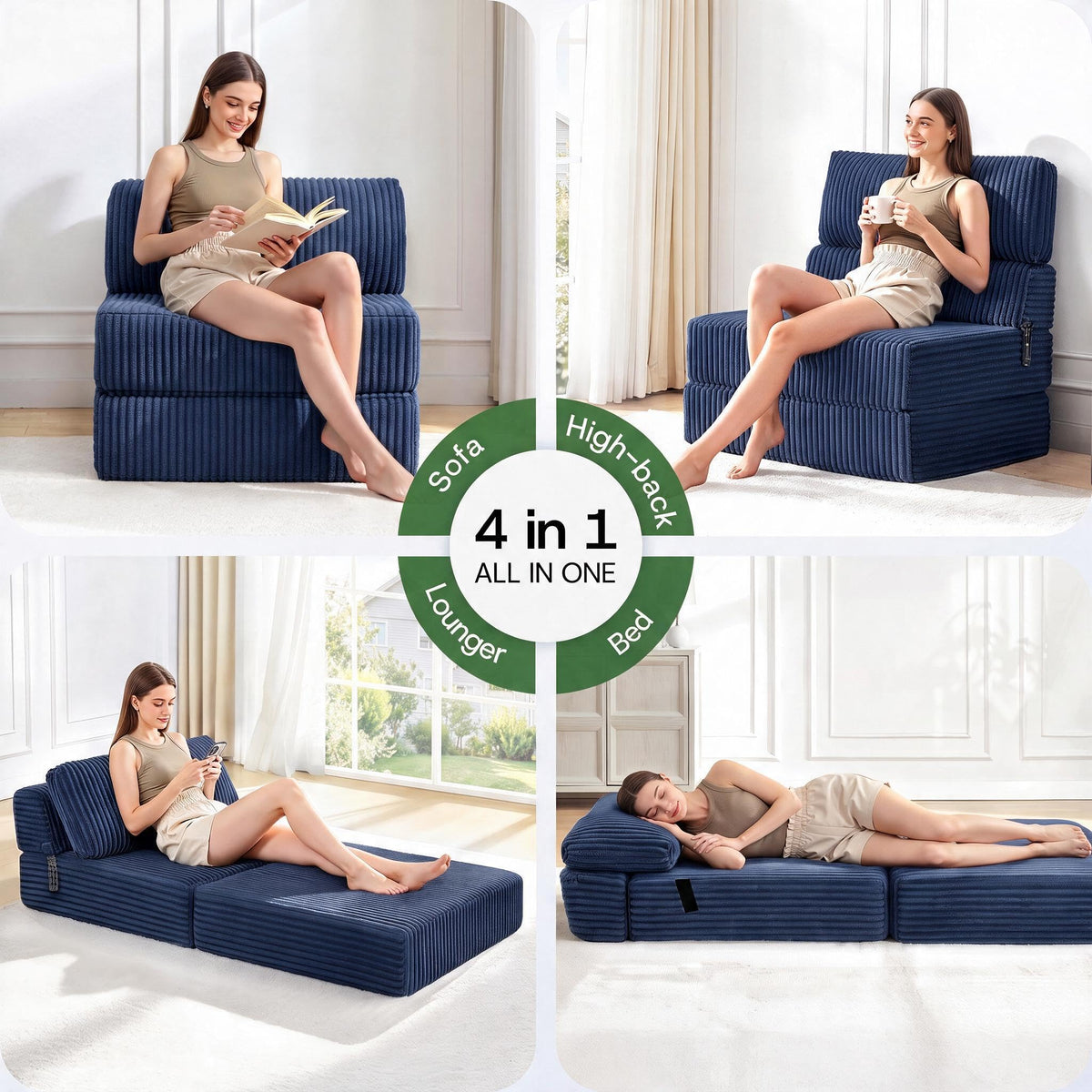Folding Sofa Bed Convertible 4 in 1 Sleeper Chair Black Single