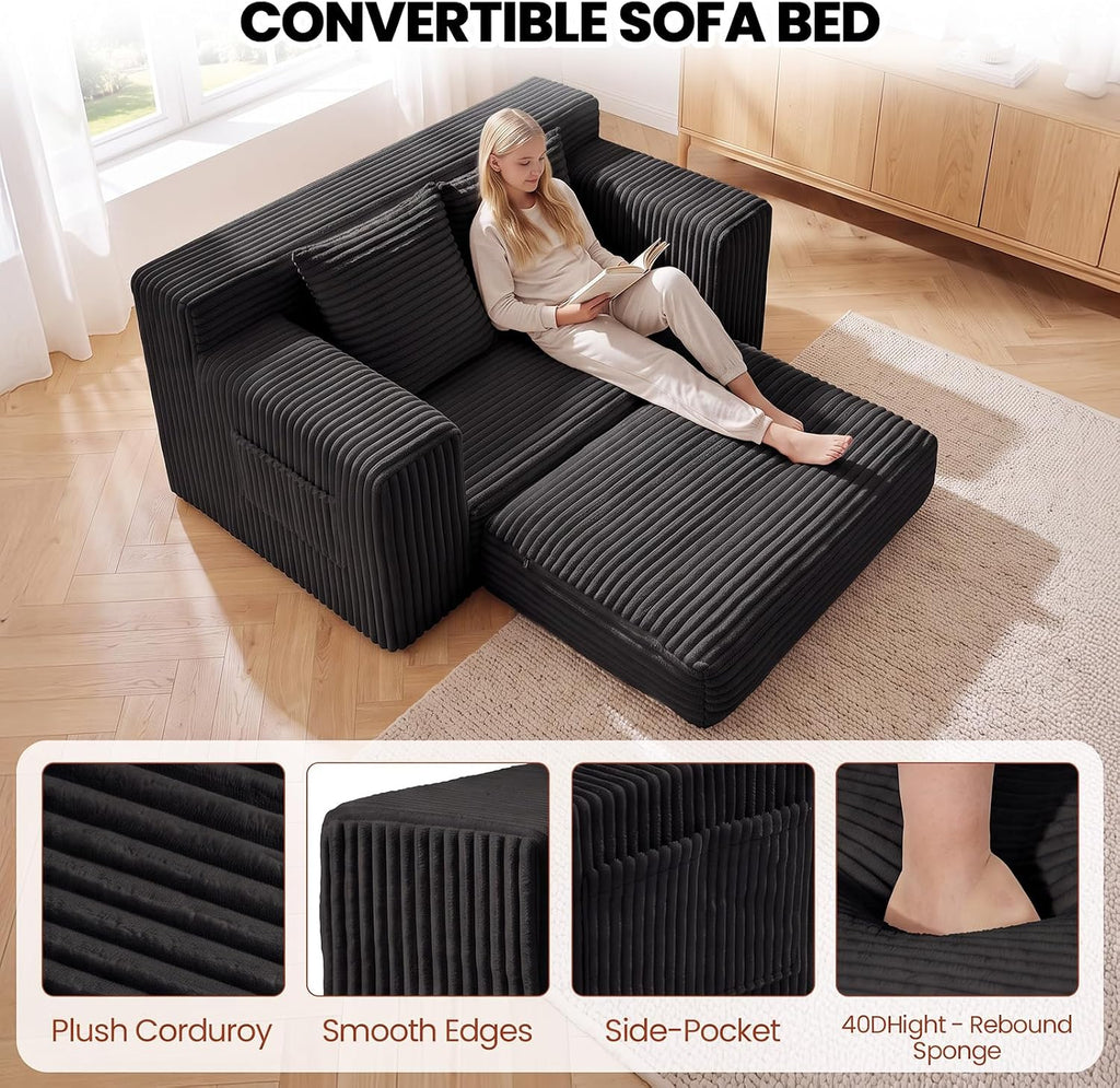 Small Boneless Couch, Boneless Loveseat Convertible Sofa Bed Sleeper Sofa Couch Bed with 2 Pillows, Corduroy Folding Floor Futon Foldable Boneless Couch for Living Room, Guest Room, Small Space, Black
