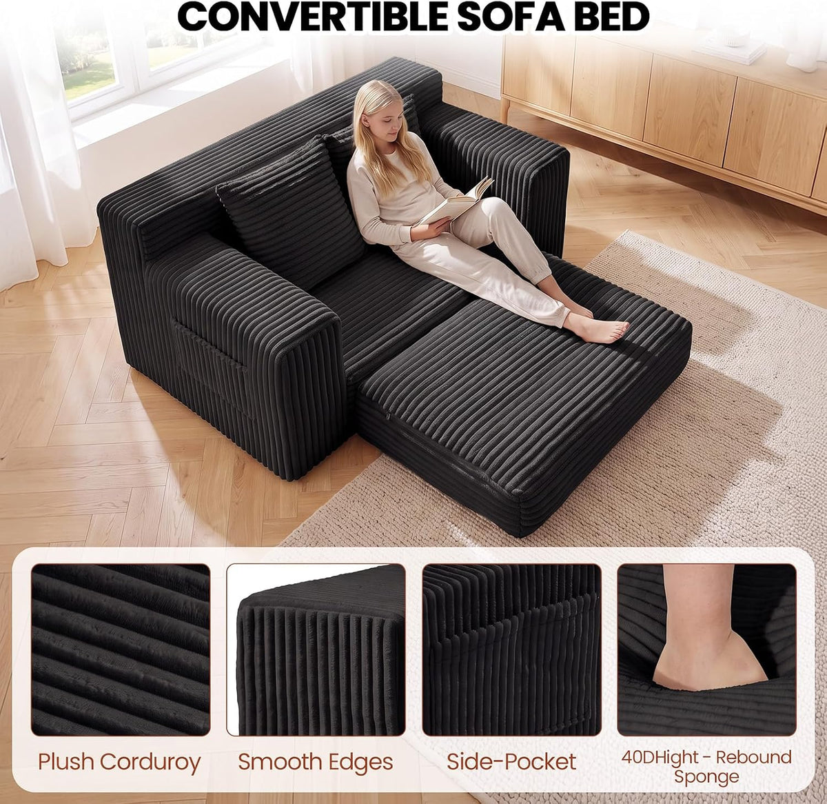 Small Boneless Couch, Boneless Loveseat Convertible Sofa Bed Sleeper Sofa Couch Bed with 2 Pillows, Corduroy Folding Floor Futon Foldable Boneless Couch for Living Room, Guest Room, Small Space, Black