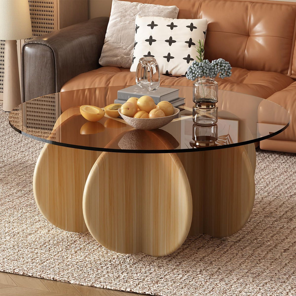 31.5'' Round Coffee Table with Tempered Glass Top, Modern Center Table for Small Spaces - Sturdy Walnut Board Frame, Simple Design for Living Room, Home, Office - Easy Assembly. (Walnut + Brown)