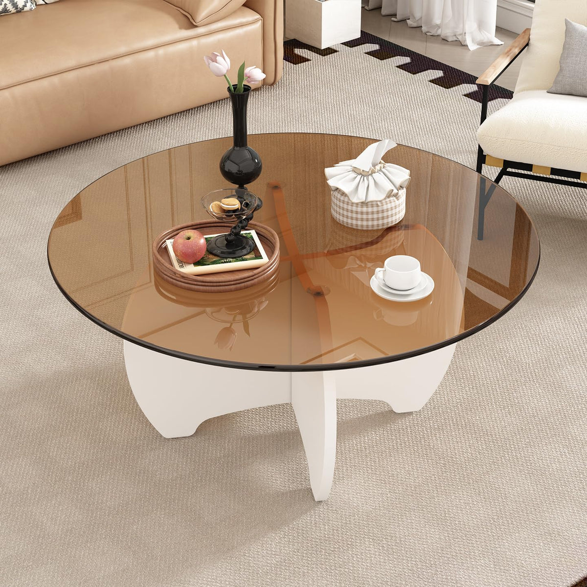 31.5'' Round Coffee Table with Tempered Glass Top, Modern Center Table for Small Spaces - Sturdy Black Board Frame, Simple Design for Living Room, Home, Office - Easy Assembly.