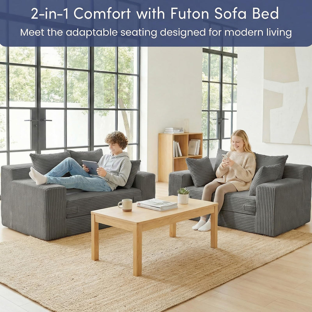 cidludto Convertible Sofa Bed, 3 in 1 Loveseat Folding Couch Bed Foldable - Chaise Lounge Chair & Floor Futon Sofa, Corduroy Pull Out Sofa Bed with 4 Pillows for Living Room, Beige