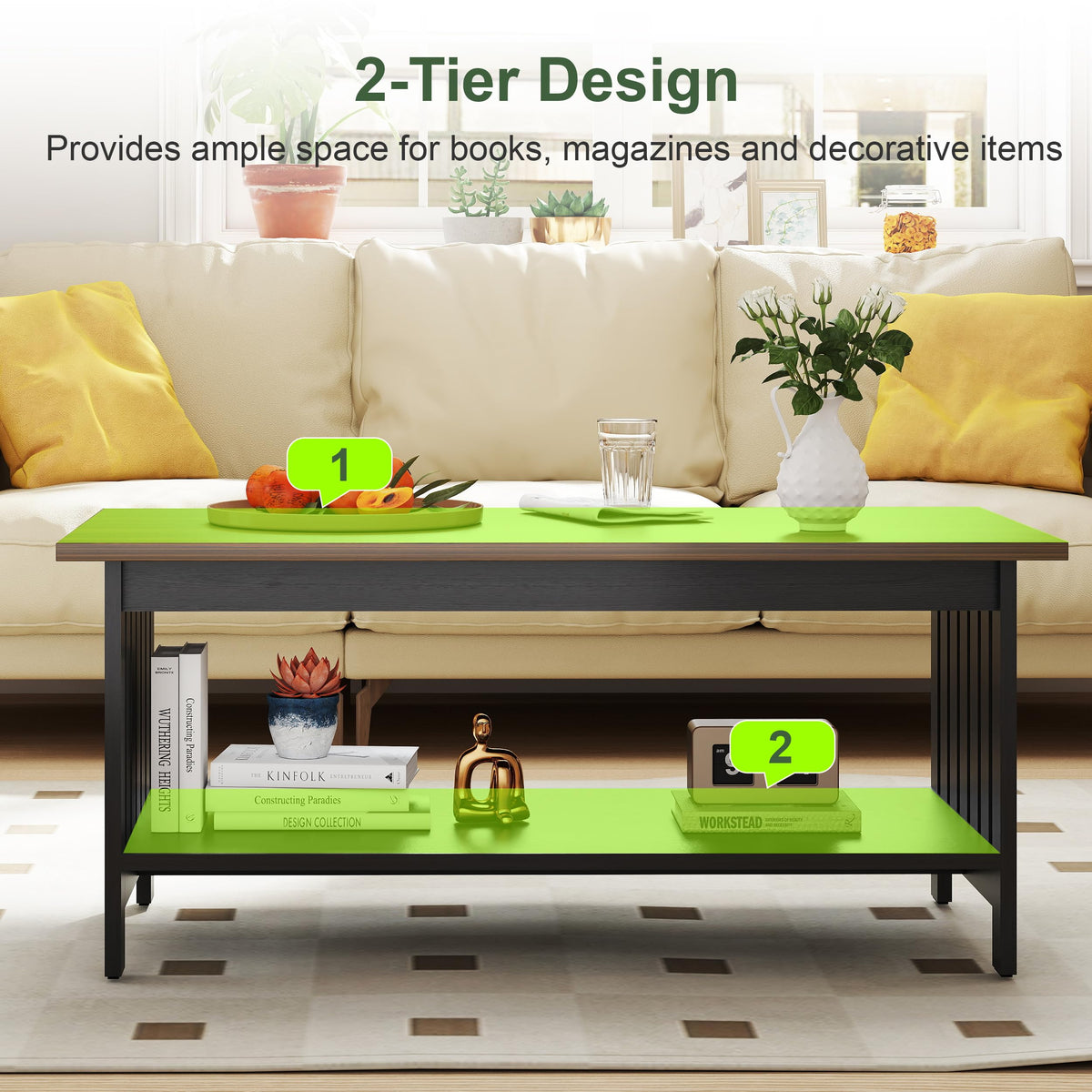 YOSHOOT 47.2" Farmhouse Coffee Table - Coffee Tables for Living Room, Small Coffee Table with Storage, Center Table for Living Room, Bedroom, Office, Black