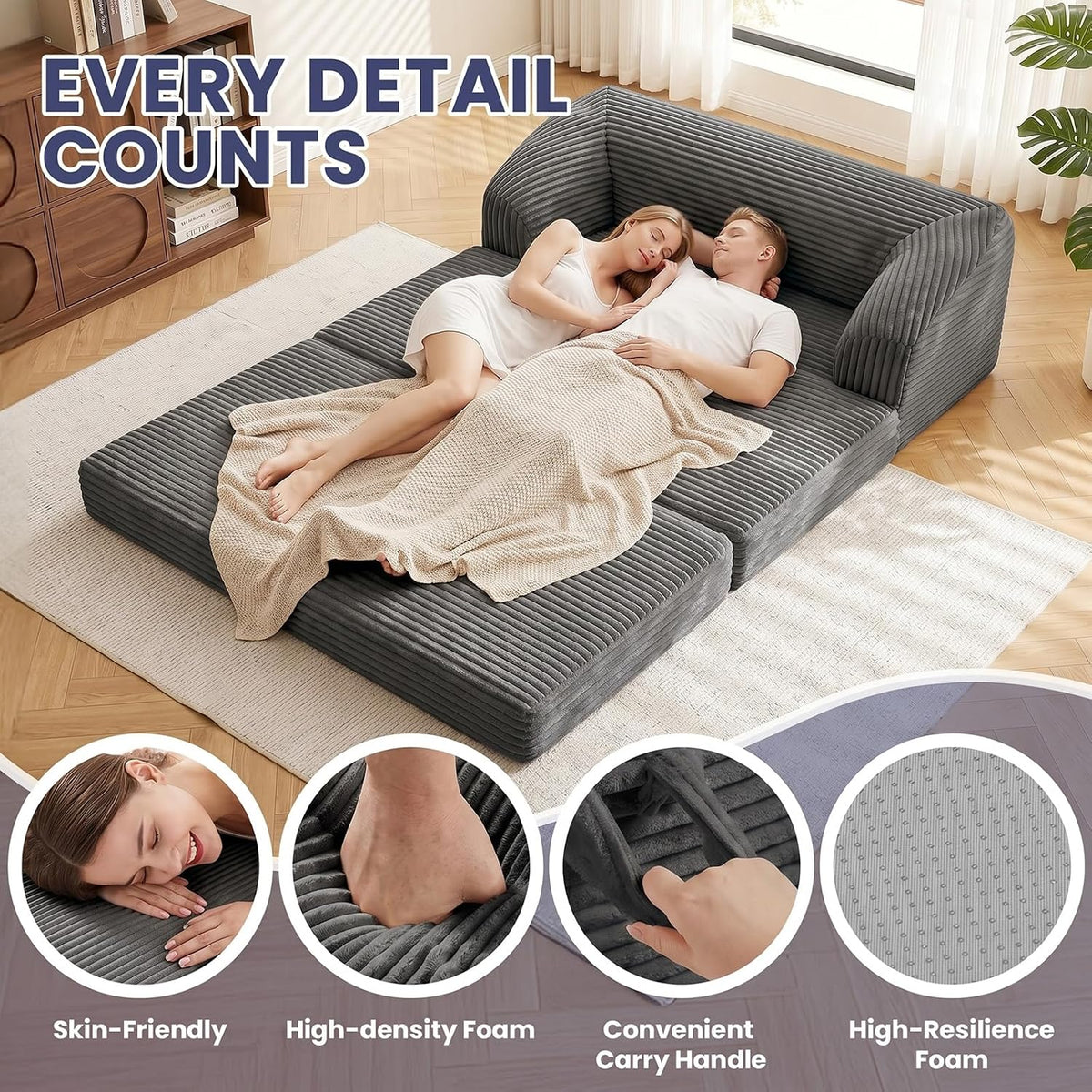 JUIKURY Convertible Sofa Bed, 3-in-1 Foldable Loveseat Couch with Armrest, Corduroy Floor Sofa & Sleeper Bed, No Assembly High-Density Foam Futon Mattress for Living Room, Small Apartment, Dorm