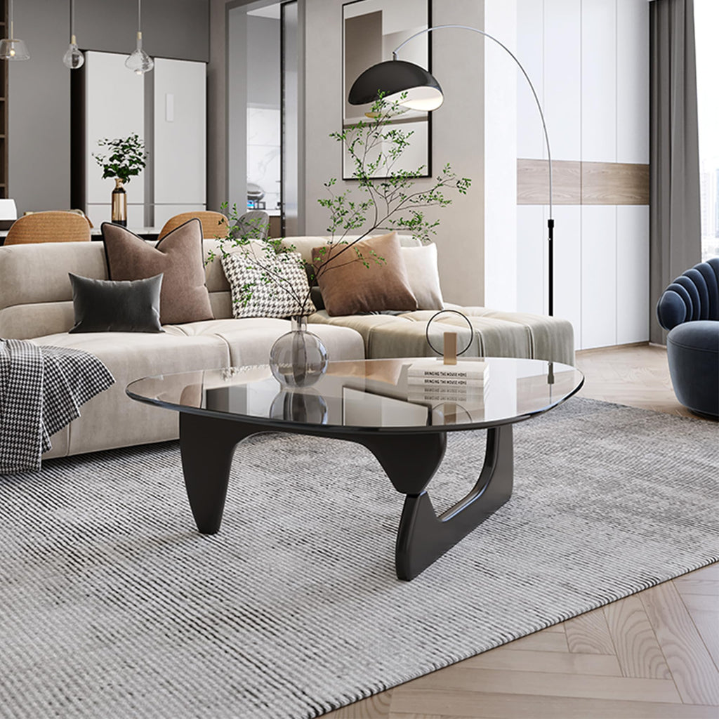 EASYSOUL Modern Glass Coffee Table, 32.68" D x 22.44" W x 15.75" H, Abstract Round Tea Tables for Living Room Home Office Industrial Cocktail Tables (Walnut-Brown Glass, 32.68")