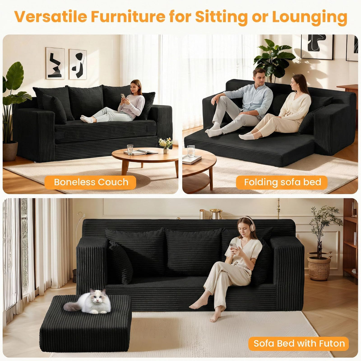 55" Small Boneless Couch, 3-in-1 Boneless Loveseat Sleeper Sofa Bed Convertible Sofa Bed with 4 Pillows, Black Corduroy Boneless Couch for Living Room, Guest Room, Small Space, No Assembly Required