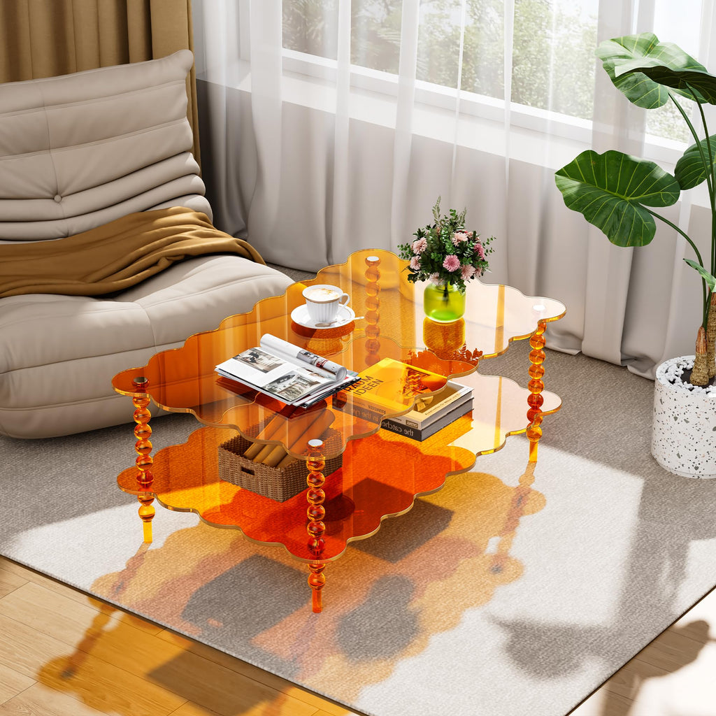 Acrylic Coffee Table, 2-Tier Living Room Table with Storage, Center Table Mid-Modern Century for Living Room, Easy to Assemble (Green, 37.8âÃ23.6âÃ15.7â)