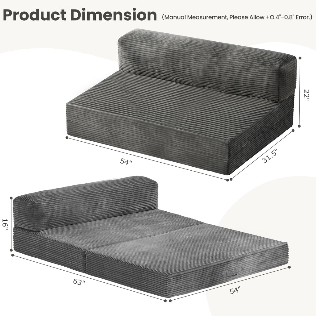 55" Small Boneless Couch, 3-in-1 Boneless Loveseat Sleeper Sofa Bed Convertible Sofa Bed with 4 Pillows, Black Corduroy Boneless Couch for Living Room, Guest Room, Small Space, No Assembly Required