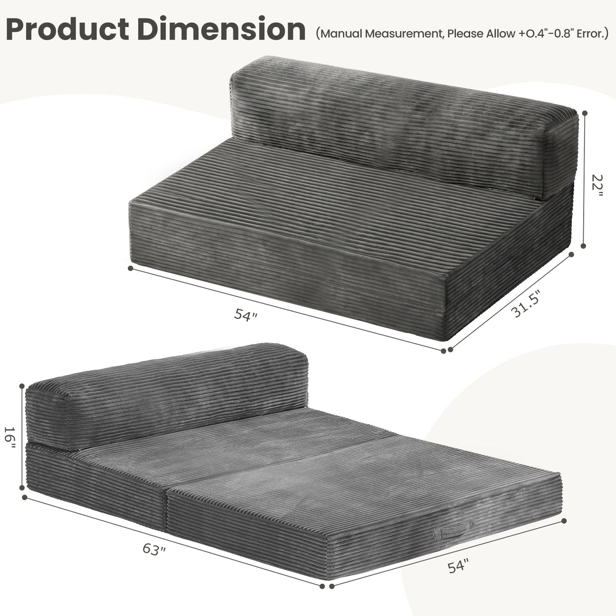 55" Small Boneless Couch, 3-in-1 Boneless Loveseat Sleeper Sofa Bed Convertible Sofa Bed with 4 Pillows, Black Corduroy Boneless Couch for Living Room, Guest Room, Small Space, No Assembly Required