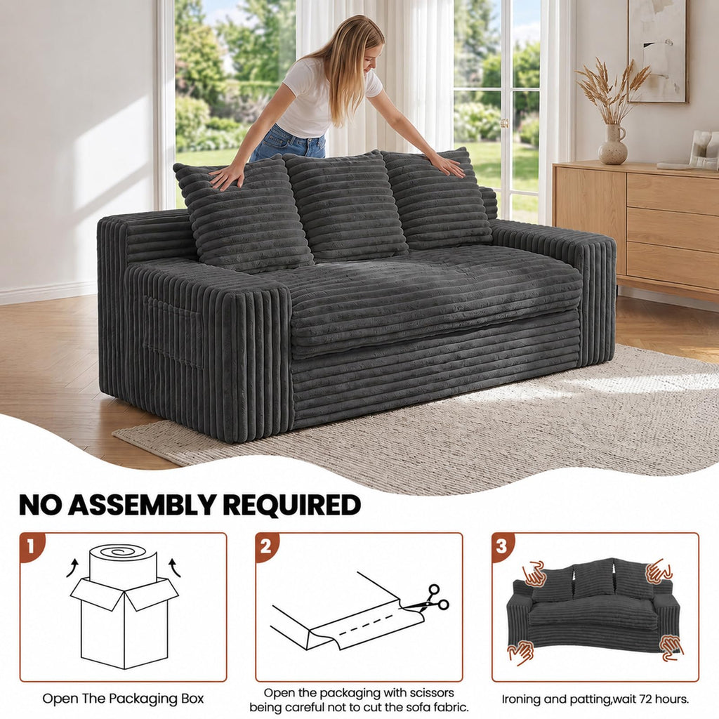 Small Boneless Couch, Boneless Loveseat Convertible Sofa Bed Sleeper Sofa Couch Bed with 2 Pillows, Corduroy Folding Floor Futon Foldable Boneless Couch for Living Room, Guest Room, Small Space, Black