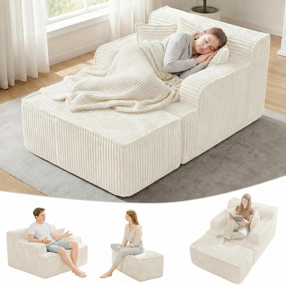 Chaise Lounge Chair Indoor,Boneless Chair with Ottoman,Comfy Reading Chair for Adults,Small Sofa Bed Couch for Living Room,Single Sleeper Chair Bed,Beige